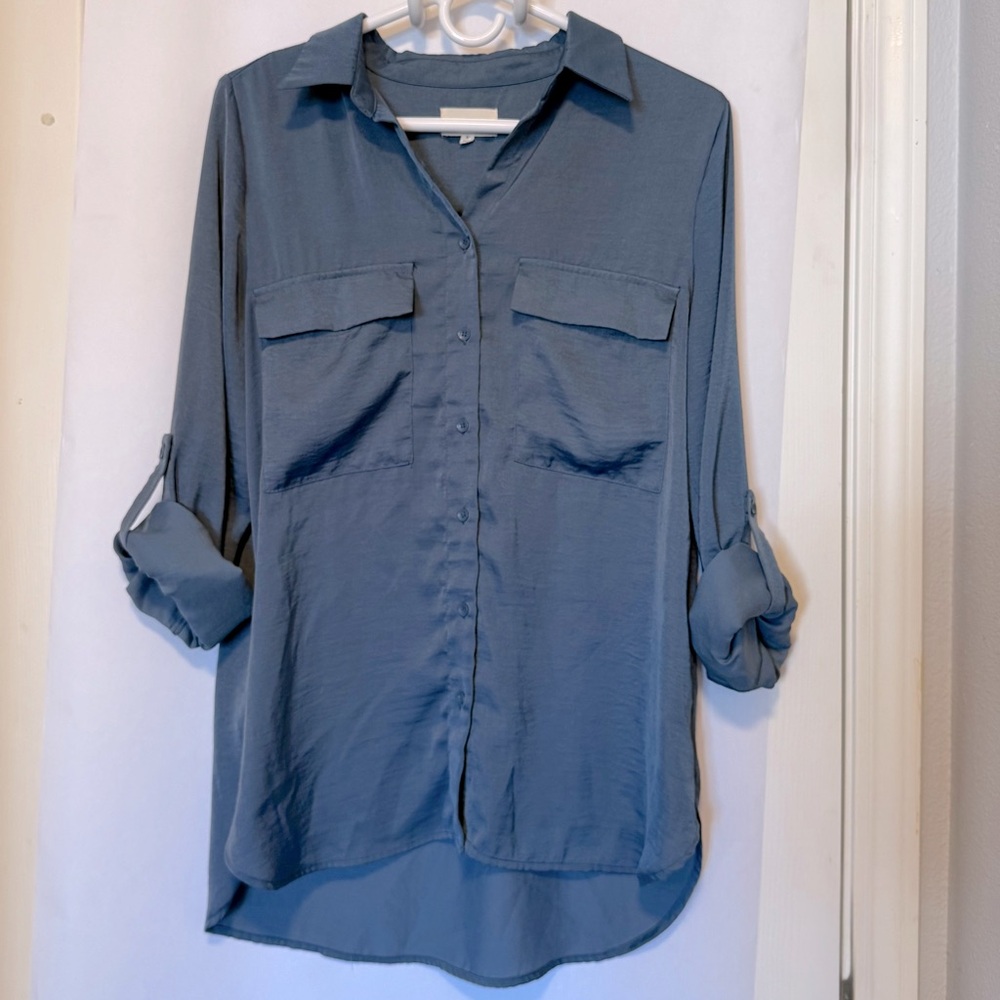 Melloday Blue Convertible Roll-Tab Sleeve Button Down Utility Blouse Size Medium